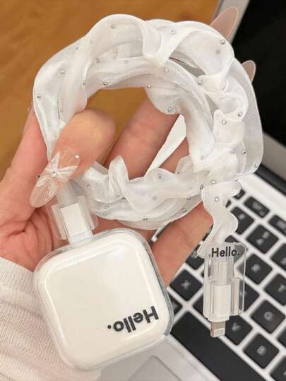 5pcs Hello. White Mesh Crystal Transparent TPU Charger Protector Case, Suitable Compatible With Apple 20W UK Plug Charger, Elegant Minimalist Transparent Design, Cute Gift For Friends