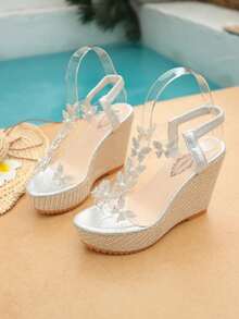 Women's Transparent Rhinestone Butterfly Wedge Sandals, Open Toe Woven Texture High Heel, Summer Party Beach Holiday Shoes - Silver - View 13
