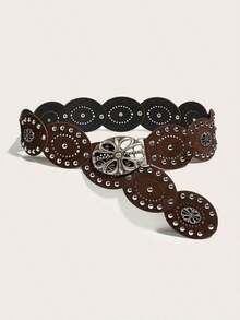 1pc Women's Bohemian Style Brown Patchwork Retro Metal Buckle Belt, Suitable For Dresses, Jeans, Music Festival & Commute Outfits Fall, Autumn, Halloween - 棕色拼接十字金屬 - 查看 11