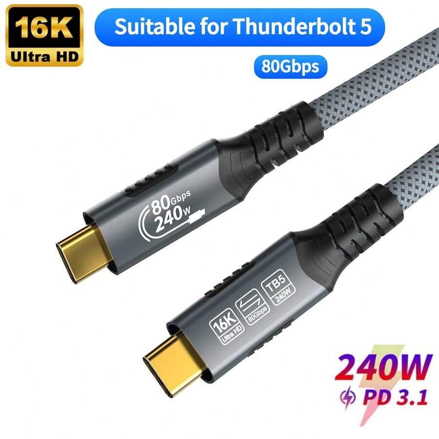 16K Type C Cable 80Gbps PD3.1 240W Charging Braided USB C Video Cables For Thunderbolt 5 Mobile Phones, Laptops, Computers - màu đen - Xem 1