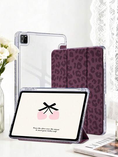 1 pieza Funda protectora de acrílico transparente mate con estampado de leopardo morado, compatible con iPad Mini6/Mini7/Air/Air2/9.7/9th10.2/10.5/Air4/Air5/10.9/Pro11/10th/11th(A16)/Air 11-In.(M2)-2024/Pro11(M4) 2024, carcasa de acrílico de alta transparencia, diseño minimalista/clásico, el producto no incluye lápiz óptico, algunos modelos con marco para lente, soporte plegable de tres pliegues, ranura integrada para lápiz óptico, la parte impresa es brillante