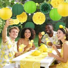 14 pièces Ensemble combiné de lanternes en papier et boules de fleurs en papier sur le thème du citron, lanternes en papier jaunes rondes pour la décoration de fête, décoration de mariage, ornements de jardin à suspendre - Multicolore - Voir 1