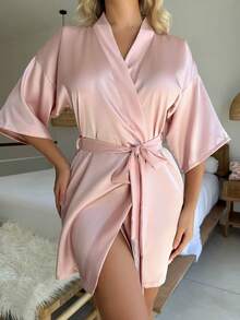 1pc New Women's Faux Silk Bathrobe, Solid Color Satin Long Tassel Tie Short Cardigan, Thin Fashionable Sexy Sleepwear, Suitable For Wedding Bride Bridesmaid Supplies, Holiday Gifts, Bathroom Decor, Summer Back To School Season And Other Occasions. - Multicolor - View 4