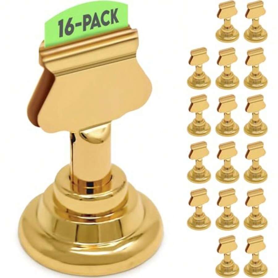 Table Number Holders 16pc Premium Gold Metal Place Card Holders For Wedding Party Table Decor Card Holder (1.7 Inch Tall) - 金子 - 查看 1