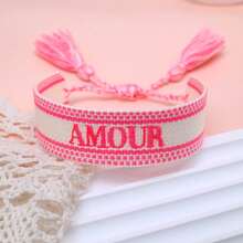 1pc Handmade Embroidered French "AMOUR" Creative Woven Vintage Style Bracelet, Suitable For Couples, Holiday Gift, Blessing Cord - Phosphor - View 6