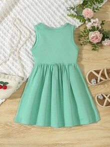 Đầm xanh cổ tròn dáng suông, kiểu dáng tối giản, thích hợp cho bé gái, phong cách thường ngày, mùa xuân/hè. - màu xanh lá - Xem 3