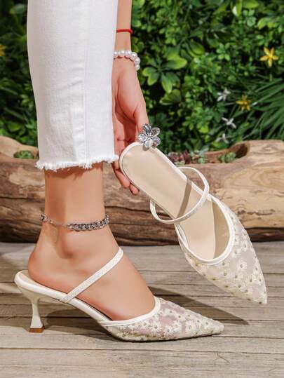 Women's New Pointed Toe Mesh White High Heels, Floral Embroidery Elegant Dual-Wear One-Strap High Heel Sandals, Fashion Versatile Thin High Heel Open Toe Mules, Comfortable Slip-On Mule Shoes
