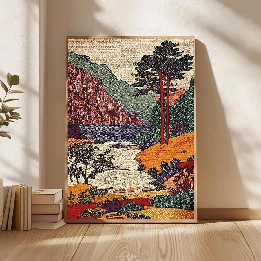 1幅复古风景艺术印刷品，复古山水风光墙画，温暖的大地色调海报，经典自然家居装饰，适用于卧室、客厅、浴室、走廊，无框 - A - 查看 1