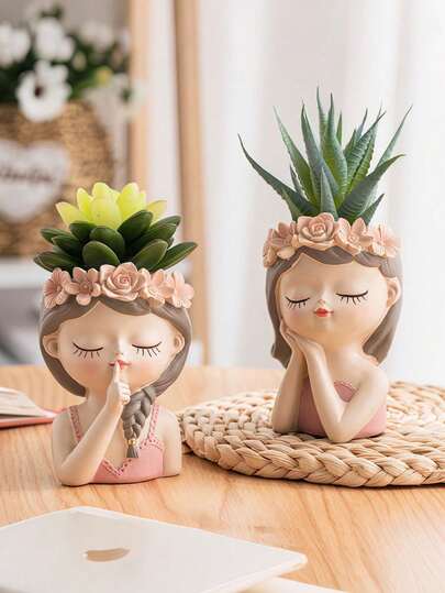 1 pieza Maceta premium con forma de niña linda para planta suculenta, con corona de flores, ojos cerrados y diseño de trenzas, adecuada para escritorio, dormitorio, baño, oficina, sala de estar, decoración del hogar, expresión estética y adorable