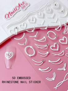 5D EMBOSSED RHINESTONE NAIL STICKER, Nails, DIY Nail Decoration, Nail Stickers, Featuring White Heart And Bead Chain Patterns, Ideal For Girls To Create Nail Art. Ideal For Spring And Summer Seasons, In A Simple, Elegant Style, DIY Decorations. Suitable For Matte, Shiny Nails, Long Nails, Short Nails, Duckbill, Pointed, French Tips, And Artificial Nails - Multicolor - View 4