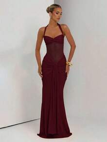 Spaghetti Strap Backless Waist Cinched High Slit Dress, Mesh Patchwork Vacation Party Dress Wedding Spring - 中紫紅色 - 查看 7