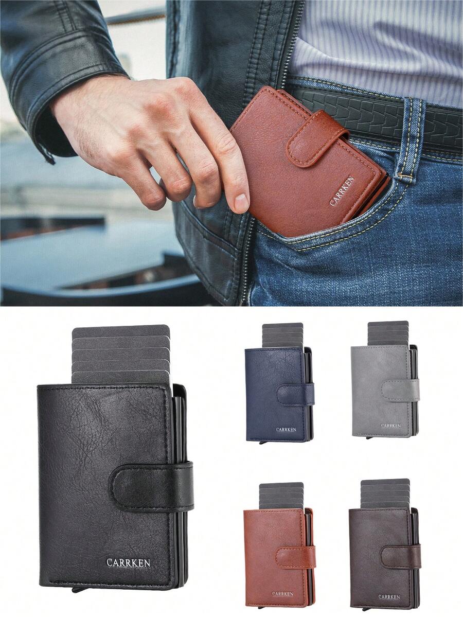 EIGIIS 男士极简弹出式卡包，RFID防盗磁吸设计，PU皮革材质，可装现金和信用卡，最多可装14张卡，生日礼物，父亲节礼物 - 彩色 - 查看 1