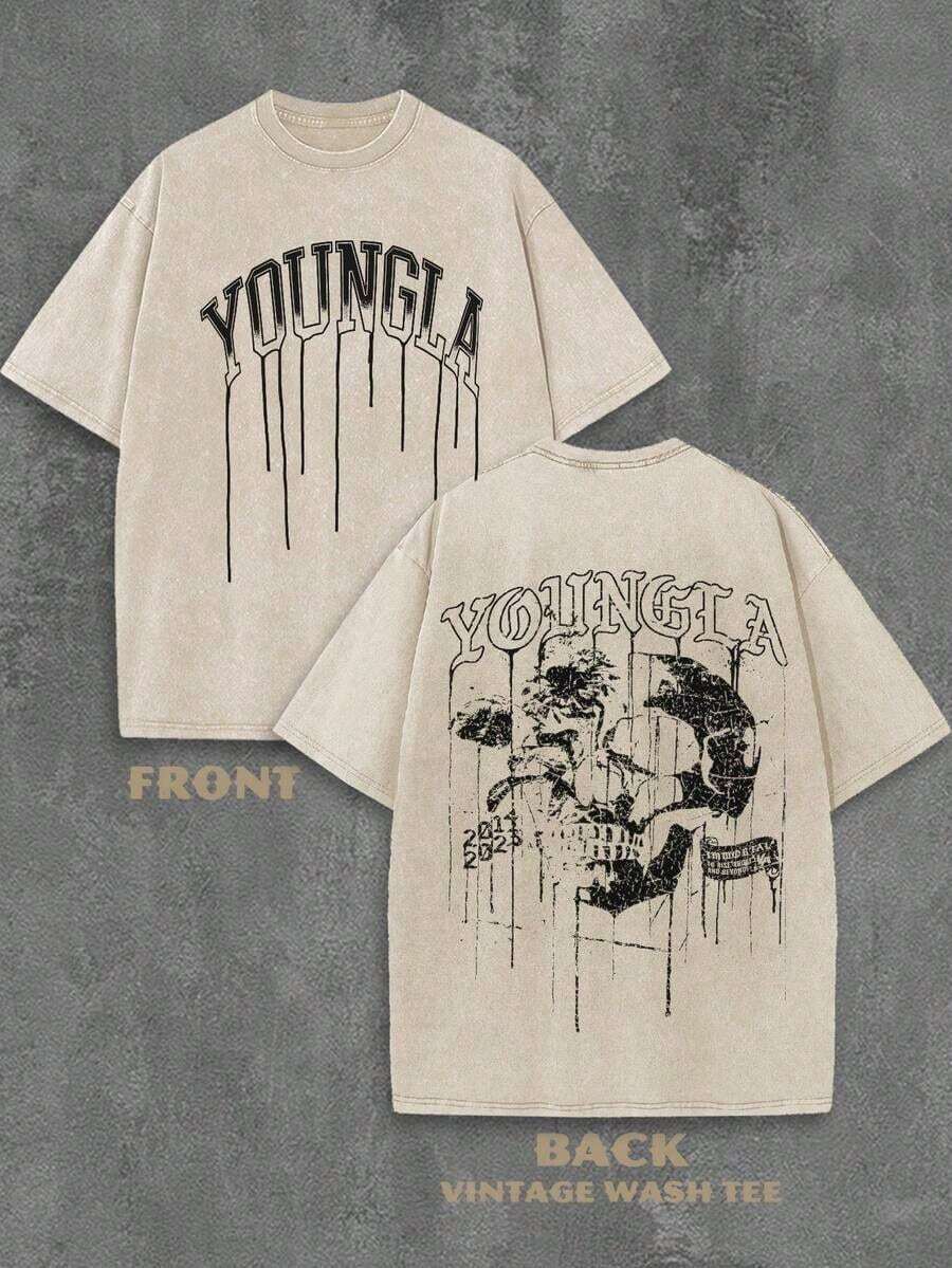 2026 New Arrival Vintage Western Washed Men Vintage Rodeo Style Comfort Tops Men's Vintage Washed Cotton YoungLA Dripping Skull Graphic Oversized T-Shirt - Retro Y2K Streetwear Style Casual Tee, Distressed Gothic Short Sleeve Top Casual Daily Outfits Streetwear Western Graphic Tee - 杏色 - 查看 1