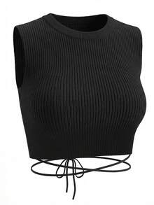 甜美火辣女孩针织吊带背心，无袖露脐修身设计，百搭夏季叠穿背心 - 黑色 - 查看 3