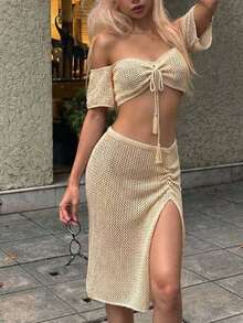 Bộ đồ đi nghỉ hè mới dành cho nữ, bộ đồ đi biển gợi cảm đan móc, áo quây buộc dây một vai + chân váy ôm sát xẻ tà bên hông, thích hợp cho kỳ nghỉ, bãi biển, tiệc trà chiều, hẹn hò hoàng hôn, du lịch, phong cách Bohemian. - Lạc đà - Xem 3
