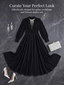 Modest Fashion High End Hot Stamping Diamond Women's Abaya Dresssheer Waist Cinched Plain Robe Dress Spring Black - Black - View 9