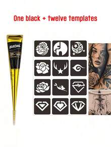 Henna Cone Tattoo Kit Available In Multiple Colors, 12 Random Reusable Stencils | Pre-Mixed Natural Mehndi Paste For Temporary Body Art | Waterproof, Smudge-Proof, Long-Lasting | DIY Kit Suitable For Beginners For Parties, Festivals, Halloween, And Weddings - màu đen - Xem 1
