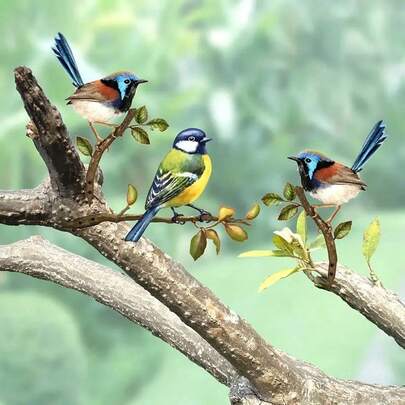 2 chiếc chim trang trí bằng kim loại, những chú chim nhỏ màu xanh lam và vàng rực rỡ trên cành cây, đồ trang trí ngoài trời cho hiên nhà và sân vườn, không cần nguồn điện, biển hiệu địa chỉ bằng kim loại bền chắc cho sân hiên hoặc sân nhà, biển hiệu chim trang trí sân vườn họa tiết tự nhiên bằng kim loại bền chắc.