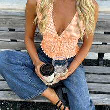 Áo hai dây nữ VIVINA mùa hè, kiểu dáng thường ngày, thoải mái, đa năng, họa tiết kẻ caro, thắt eo, xếp ly, viền bèo nhún, thích hợp cho những ngày cuối tuần năng động, phong cách nghỉ dưỡng đồng quê. - trái cam - Xem 5