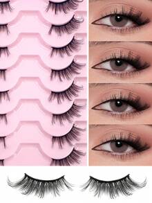 ENCHUW 8 Pairs Fluffy Half Lashes Natural Look Wispy Silky Fake Eyelashes Three-Dimensional Faux Mink Lashes False Eyelashes For Daily Wear - Black - View 1