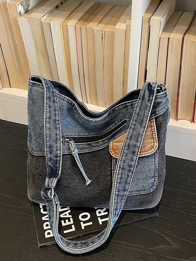 新款复古拼接设计拉链细节牛仔单肩包：女士休闲大容量单肩包，配有可调节肩带和斜挎包款式