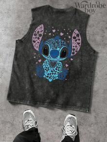Disney Men's Washed Cotton Sleeveless Printed Vest, Cartoon Stitch Pattern Printed Vest, Suitable For Both Men And Women, High-Quality Pure Cotton Vest, Suitable For All Seasons, Comfortable And Breathable | Exquisite Design | The Best Choice For Gift Giving - 黑色 - 查看 2