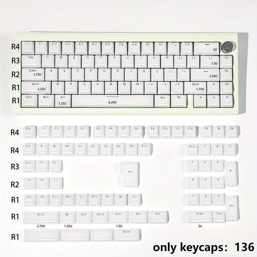 136 Keys Ice White MDA Profile ABS Double-Shot Keycaps, Suitable For 61/64/75/87/98/104 Keyboards - View 1