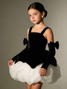 2pcs/Set Girls' Elegant Cute Velvet Bow Swan Bud Dress With Sleeve, Princess Dress For Stage Performance, Birthday Party, Outdoor Vacation, Gathering, Banquet, Easter - 彩色 - 查看 5