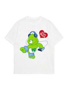 SHEIN | Care Bears Áo thun nữ tay ngắn in hình gấu Care Bear hoạt hình màu xanh lá cây dễ thương, phong cách đường phố Y2K, áo thun cổ tròn dáng rộng thoải mái, áo in hình dành cho người yêu nhạc, hoàn hảo cho mặc hàng ngày, đi chơi cuối tuần, lễ hội âm nhạc và thời trang đường phố. - trắng - Xem 3