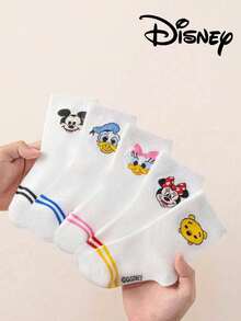 Disney 5 pares de calcetines de tripulación genuinos de la familia Mickey Mouse para niños, diseño de dibujos animados lindos, calcetines de estudiante cómodos, transpirables y de moda, ideales para uso diario, regreso a la escuela y regalos festivos - Multicolor - Ver 1