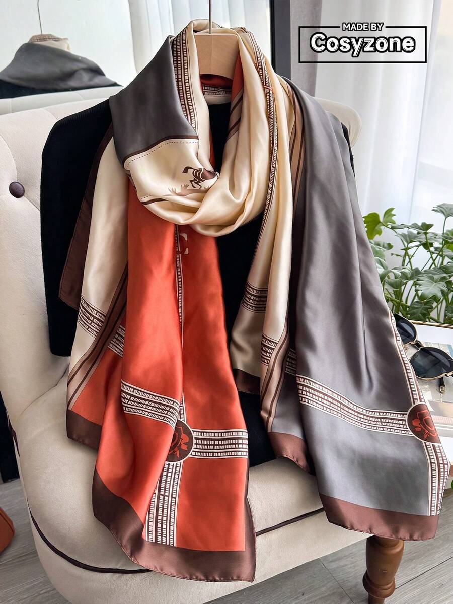 1 pieza Bufanda de unicolor de seda sintética con patrón de patchwork, chal versátil para la playa, protección solar, accesorio de moda adecuado para uso diario, vacaciones, esencial de viaje - Multicolor - Ver 1