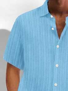 Casual Basic Striped Lightweight Plus Size Loose Fit Short Sleeve Shirt For Men - Baby Blue - View 3