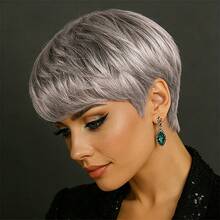 Glueless Grey Color 4-Inch Pixie Cut Human Hair Wig - Brazilian Hair With Bangs, Easy To Wear Cosplay Wig, Straight Layered Look, Ideal For Women's Cosplay & Parties & Date, Hi-POP Music Dancer/Rapper Wear, Cosplay Wig - SGray - View 9