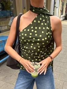 GMFP 女士休闲优雅时尚旅行度假派对不对称波点衬衫，适合音乐节/婚礼季、春夏穿着 - 橄欖綠 - 查看 2