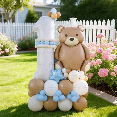 Bộ 46 bóng bay trang trí sinh nhật chủ đề thú cưng dễ thương RANJ1ng, bao gồm bóng bay hình gấu bông khổng lồ màu caramel, bóng bay hình ngôi sao màu xanh nhạt 25 cm, thích hợp cho tiệc mừng em bé chào đời, sinh nhật, sinh nhật lần thứ nhất, bộ bóng bay đáng yêu.