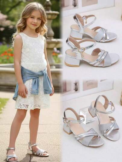 1 Paio di Scarpe con Tacco Alto Glitterate Dorate per Donna, Cinturini Incrociati in Pelle Lucida, Sandali con Tacco Chunky a Punta Tonda con Fibbia Metallica, Stile Principessa Fashion con Zeppa Platform, Adatte per Casual, Vacanze, Scuola, Feste, Primavera/Estate