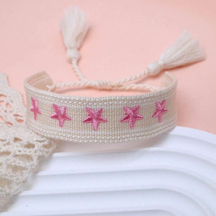 1pc Embroidered Pentagram Handmade Braided Bracelet - Beige - View 1