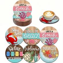 6pcs 2D Printed Ocean & Beach Shell Design Coasters, Made Of PET Material, Suitable For Patio, Kitchen, Living Room, Home Gatherings, Tabletop Decor, Great Gift For Friends & Family On Holidays, Weddings, Mother's Day, Birthdays, Party Accessories - Multicolor B - View 8