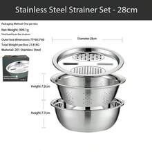 Bộ bát trộn đa năng 3 trong 1 bằng thép không gỉ, bao gồm dụng cụ bào, thái rau củ, rổ lọc và tô trộn, dụng cụ nhà bếp tiết kiệm không gian dùng để làm salad, sơ chế rau củ, rửa và làm ráo nước. - S - Xem 10