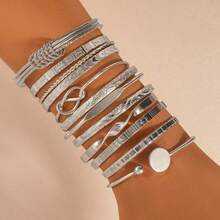 Juego de 12-7 piezas de brazaletes de metal con textura y diseño de corazón martillado, brazaletes apilables bohemios ajustables, adecuados para la vida diaria y fiestas, regalo ideal para amigos y familiares - Plateado - Ver 2