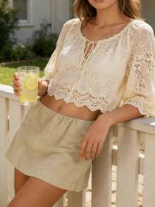 Women's Cotton Linen Skorts Casual Cute A-Line Mini Skirts With Ruffle Trim High Waist - 杏色 - 查看 3