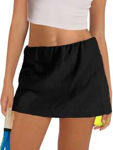 Women's Cotton Linen Skorts Casual Cute A-Line Mini Skirts With Ruffle Trim High Waist - 黑色 - 查看 1