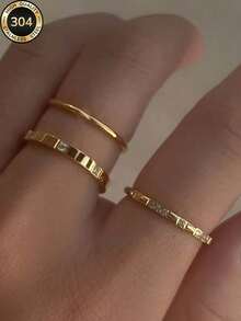 Nhẫn vuông vàng 14K đính 3 và 8 viên kim cương, kiểu dáng thời trang và sáng tạo, chất liệu thép không gỉ chống nước, không phai màu, thích hợp đeo hàng ngày, dự tiệc, làm quà tặng Ngày của Mẹ. - Vàng - Xem 4