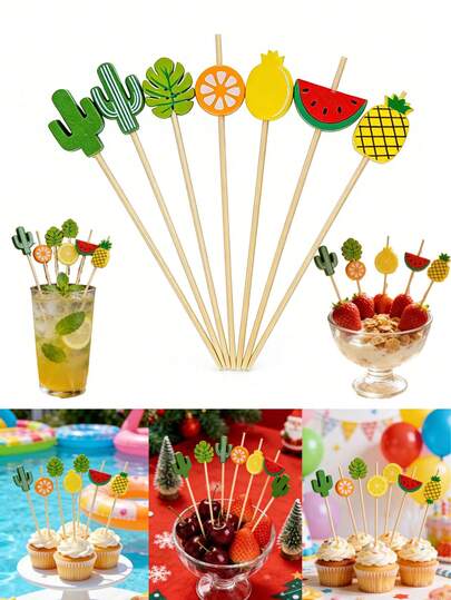 100pcs Tropical Cocktail Picks, Cactus, Monstera Leaf And Fruit Patterns, Disposable Elegant Bamboo Food Picks, Cocktail Fruit Skewers, Suitable For Summer Spring Holiday Birthday Party Decor, Tropical Hawaiian Party Food And Drink Decor