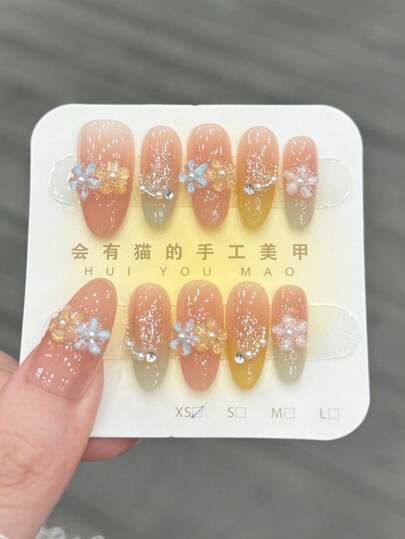 10pcs/Set Press On Nail Tips, Multicolored Ice Flower, Summer, Clear And Transparent, Blush, Gradient, Gentle, Pure And Seductive, Handcrafted Wearable Nail Art.