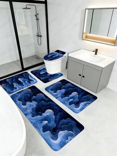 1/3/5 Stück Set mit marineblauem Wolkenmuster für das Badezimmer. Das Set beinhaltet Toilettendeckel, U-förmige Toilettenvorlage, Badezimmertürvorlage, Waschtischvorlage und große Badewannenvorlage. Weiches und leichtes Material, rutschfest und schnell trocknend.
