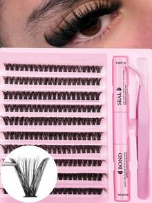 200pcs DIY False Eyelash Kit, Includes Makeup Tools, Adhesive And Sealing Tools, Eyelash Curler, Eyelash Brush, D-Shaped Curling Segmented False Eyelashes, 60D Natural Eyelash Clusters, Suitable For Everyday Use - Reusable, Eyelash Clusters, Individual Eyelashes, Eyelashes, False Eyelashes - 黑色 - 查看 2