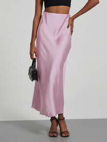 Falda elástica de cintura con sensación de satén, de moda para mujer, todo el año - Salmón rosa primavera - Polvo de begonia - Ver 4