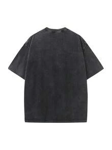 Plus Size Men's Vintage Washed Style Oversized Cotton T-Shirt - Comfortable And Loose Fit, Unisex Short-Sleeved Casual Sports Shirt Top - 黑色 - 查看 3