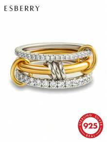 ESBERRY 1pc S925 Sterling Silver Fashion Luxury Versatile Triple Interlocking Ring Set, Inlaid With Sparkling Cubic Zirconia, Suitable For Women's Daily And Party Wear, High-Quality Jewelry Gift - Interlocking Stacking Rings - View 2